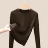 Camiseta fina de punto Mousse con estampado de bambú y cuello redondo para mujer, nuevo producto Otoño 2026, contiene algodón peinado, top de manga larga, corte ajustado y adelgazante, camiseta básica
