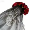 Diadema de Cabeza de Calavera de Halloween Accesorios para el Cabello de Fiesta Festiva Atuendo Accesorios de Peluquería Atrezo Diadema de Malla de Bruja Oscura con Flor de Rosa