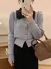 Cárdigan de punto con diseño de manga abullonada estilo francés para mujer, nuevo abrigo suéter de puntos coloridos con solapa de un solo botón para otoño e invierno