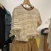 Uma geração de verão bolsa de costas gola algodão menina cheinha plus size solta slim listrada manga curta camiseta feminina básica