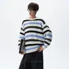 Suéter Masculino Gola Redonda Listrado Color Block Retrô Americano Outono Tendência Marca Texturizado Preguiçoso Casual Tricô Top