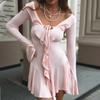 PBY15982 Ropa de mujer europea y americana 2024 Amazon vestido de manga trompeta con volantes, cuello puntiagudo y lazo, venta al por mayor transfronteriza