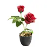 Rosa de Dos Cabezas Pequeño Bonsái Flor Artificial Decoración Sala de Estar Estudio Flor Falsa Artificial Decoración de Escritorio de Oficina Decoración de Planta en Maceta
