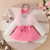 Mono de Invierno y Otoño para Bebé Niña, de Manga Larga, con Broches Triangulares, Costuras, Falda de Color Sólido, Malla, Lazo de Uña, Vestido con Cuentas