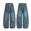 Jeans Jiayiku para Hombre 2025 Nuevo Estilo Retro Americano Bordados de Cimitarra Unisex Estilo Holgado Pierna Ancha