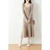 Falda de Lana para Otoño e Invierno para Mujer Vestido de Cuello en U Grande Falda Larga hasta la Rodilla para Mujer Falda de Punto Ajustada de Cola de Pez Traje