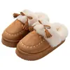Chinelos de Inverno Grossos com Pelo para Mulheres, Aquecimento Interno, Sapatos de Algodão com Pelúcia Extra, Borlas Fofas, Aumentadores de Altura, Antiderrapantes, Chinelos de Algodão para Casa