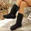 Comercio exterior transfronterizo botas casuales de punto de gran tamaño con puño, doble hebilla, suela plana, plisadas, apiladas, botas de gamuza negra de media pantorrilla para mujer