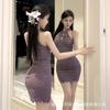 Não perca a diversão noturna lingerie sexy renda cheongsam roxo puro desejo vento uniforme saia de quadril conjunto pijamas qqny