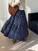 Al final de la falda de florales con forro de polar retro azul coreano para mujer, falda de invierno cálida de cintura alta con caída tipo paraguas 2320