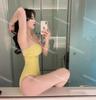 [4 Colores] Traje de Baño Sexy Coreano de Una Pieza Floral Pequeño sin Espalda para Mujeres con Pechos Pequeños, Aspecto Adelgazante y Cubre Vientre Bikini para Vacaciones en Aguas Termales