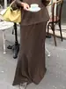 Saia Longa A-Line Marrom com Cordão Nova Retro Versátil para Outono e Inverno para Mulheres com Senso de Design, Estilosa e Fashionável Transfronteiriça