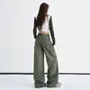 Jeans de trabalho juvenil Laranja # Outono com múltiplos bolsos, perna larga, para mulheres, corte solto, emagrecedor, casual, calça reta versátil, moderna