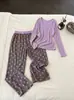 Pijama doce estilo menina com estampa de estrelas roxas para mulheres, conjunto de roupa de casa com calça solta de manga longa plus size para o início do outono