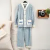 Pijama de Fleece Coral para Mulheres, Outono/Inverno Espessado Fofo de Flanela Roupa de Casa, Pode Ser Usado Fora, Conjunto de Cardigan com Mangas Longas e Robe