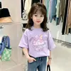 Camiseta de Verão para Meninas 100% Algodão Manga Curta 2026 Estilosa Nova Estampa de Desenho de Menina Top para Crianças Maiores t