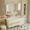 Gabinete de baño con lavabo integrado de piedra chapado en oro de lujo ligero estilo italiano, juego de tocador para baño