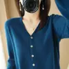Suéter de punto para mujer personalizado de fábrica, fino, cuello redondo, color liso, jersey, top corto elegante, cárdigan de otoño con cuello en V para mujer