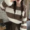 Suéter para Mujer, Tejido de Punto Holgado Retro, Nueva Ropa de Otoño e Invierno para Mujer, Diseño de Empalme de Color Contrastante, Piel Sintética de Visón, Rayas Suaves y Cerosas