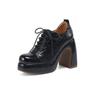11.5 Sapatos de Couro Pequenos de Salto Altíssimo Estilo Britânico Fashion Simples de Sola Grossa Salto Grosso Cadarço Flats Versátil Primavera & Outono para Mulheres