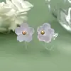 Nuevos Pendientes Sencillos de Resina con Flor de Cinco Pétalos Primavera y Verano Clásico Inteligente Rosa Flor de Durazno Pendientes de Clip Versátiles para el Día a Día