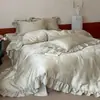 Juego de colcha de verano Lenzing Tencel minimalista y elegante de cuatro piezas con funda nórdica jacquard de encaje romántico, ropa de cama blanca de lujo ligero