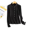25 Novas Camisetas Polo Femininas de Outono com Gola Polo, Mangas Longas, Lã Lyocell, Lapela, Quente, 7 Botões, Camiseta Básica Top