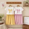 Conjunto de Verão Estilo Coreano para Meninas com Laço e Babados Roupa Infantil Bonita Roupa de Verão para Bebê Menina Conjunto Elegante de Duas Peças