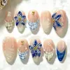 Uñas Postizas de Flor con Relieve Estéreo 3D Degradado Azul, Rayas Azules y Blancas, 30 Piezas, Moda Europea y Americana