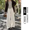 Calça de Lã Tweed Branca de Perna Larga Feminina Altura Baixa Outono Casual Calça de Arroz Grudado Lua Crescente Calça de Moletom de Perna Reta Estreita Lua Crescente