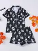 E-commerce Transfronteiriço Halloween Roupa de Casa Estampa de Fantasma Manga Curta Tecido Retardante de Chamas Conjunto de Pijama com Gola para Crianças Atacado