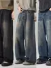 Jeans Retrô de Perna Larga para Homens e Mulheres Nova Coleção Primavera e Outono 2025 Cintura Alta Caimento Solto Emagrecedor Calça Reta Drapada Comprimento Total
