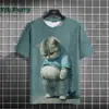 Camiseta com Estampa 3D de Gato Gordo Fofo Moda Verão Manga Curta Streetwear Tendência Casual Solta