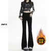 Jeans Preto Micro Flare Feminino Forrado com Lã Outono e Inverno 2024 Novo Cintura Alta Emagrecedor Pequeno Flare Calça Ferradura