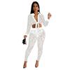 C6549 Transfronterizo AliExpress Amazon Moda Europea y Americana para Mujer Color Sólido Malla Hot Drilling Manga Larga Pantalones Conjunto de Dos Piezas