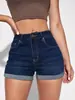 Productos en Stock Transfronterizos Exclusivamente para Europa y América, Amazon y Aliexpress: Shorts de Mezclilla de Cintura Alta con Alta Elasticidad y Diseño Lavado, Shorts Versátiles