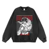 Moletom com capuz preto carvão lavado retrô americano com estampa de anime, moletom oversized folgado de peso pesado para moda de rua