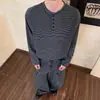 Camiseta de Manga Larga con Cuello Henry Rayado para Hombre, Estilo Americano Primavera y Otoño Marca de Moda Camiseta Básica Casual Simple, Versátil y de Moda
