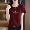 Camiseta de Algodão Puro de Alta Qualidade com Manga Curta para Mulheres Verão Novo Estilo Coreano Simples Diário Acessível Luxo Camiseta Gola Redonda Top Estampado