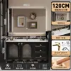 Conjunto de Mueble de Baño de Madera de Caucho de Estilo Francés Retro con Media Pared, Cesta de Almacenamiento Lateral Extraíble y Lavabo de Cerámica Integrado