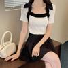Nuevo Top de Punto de Manga Corta con Diseño de Cuello Cuadrado Primavera/Verano 2026 Moda Femenina Estilo Coreano Top Ajustado con Bloques de Color