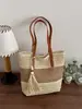 Bolsa Tote Casual Color Block Tecida em Palha Versátil Estilo Fresco Artístico Bolsa de Ombro para Viagem e Dia a Dia para Mulheres