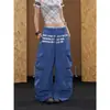 Calça cargo estampada com letras estilo retrô americano, multi-bolsos, para mulheres, fina para o verão, solta, afina a silhueta, perna larga, estilo paraquedista, moderna