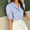 Camisa rayada retro de manga corta con pequeños botones dorados para mujer, nuevo estilo de verano, corte holgado, cuello de blazer, mangas abullonadas, top elegante