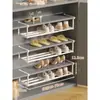 Armário de Sapatos Prateleira em Camadas Suporte de Sapatos Doméstico Sem Furos Economizador de Espaço Prateleira de Armazenamento Suspensa Rack de Sapatos Retrátil Preto Branco