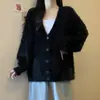 Moda Cross-Border Estilo Preguiçoso Suéter Macio de Pelo Sintético Feminino Outono Novo Cardigan de Tricô Liso com Gola V Solto