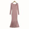 Estilo Novo Outono e Inverno Vestido de Veludo Lótus Gola Quadrada Elástico Emagrecedor Visual Elegante Base Saia Longa Saia Cauda de Peixe
