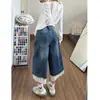 Jeans Cropped com Renda Americana Retro para Mulheres, Corte Reto Solto, Calça Casual Emagrecedora e que Valoriza a Silhueta
