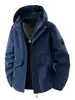 Chaqueta casual para exteriores con capucha desmontable, parches en los brazos, a prueba de viento, cómoda, puños ajustables de velcro, diseño entallado