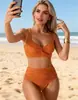 Traje de baño de dos piezas transfronterizo, Bikini de color liso de cintura alta, Vacaciones en la playa, Comercio exterior europeo y americano, Mujeres de talla grande, Talla grande, Super reductor